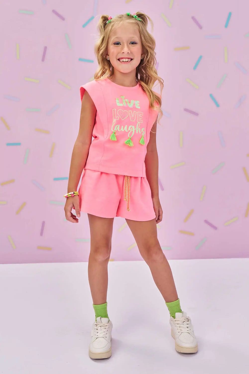 Conjunto Infantil Kukie Shorts e Blusa Rosa Neon Love
