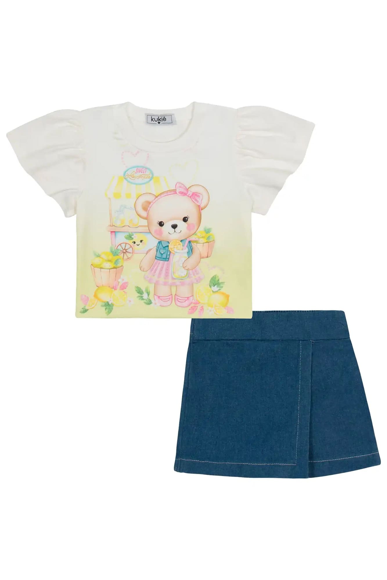 Conjunto Infantil Kukiê com Shorts Saia Jeans e Blusa Manga Curta Ursinha
