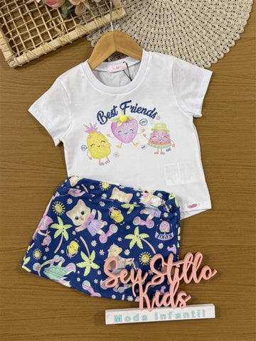 Conjunto Infantil Kukiê Verão com Shorts Saia Azul e Blusa Branca Frutinhas