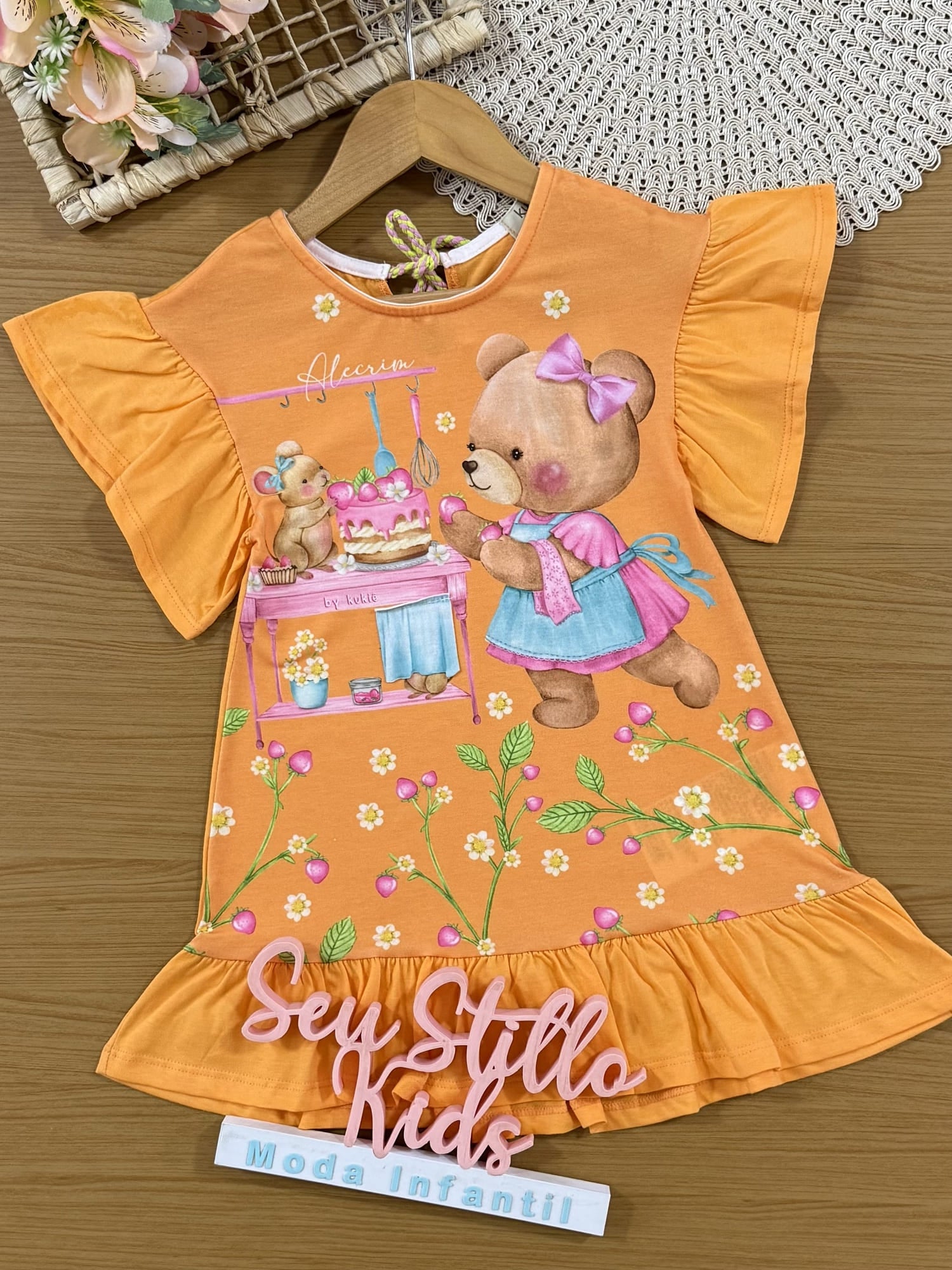 Vestido Infantil Kukiê Verão Laranja Ursinha Confeiteira