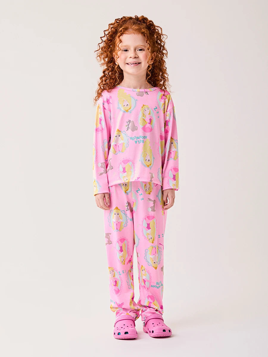 Pijama Infantil Bimbi inverno com Calça e Blusa Manga Longa Rosa Aurora Disney