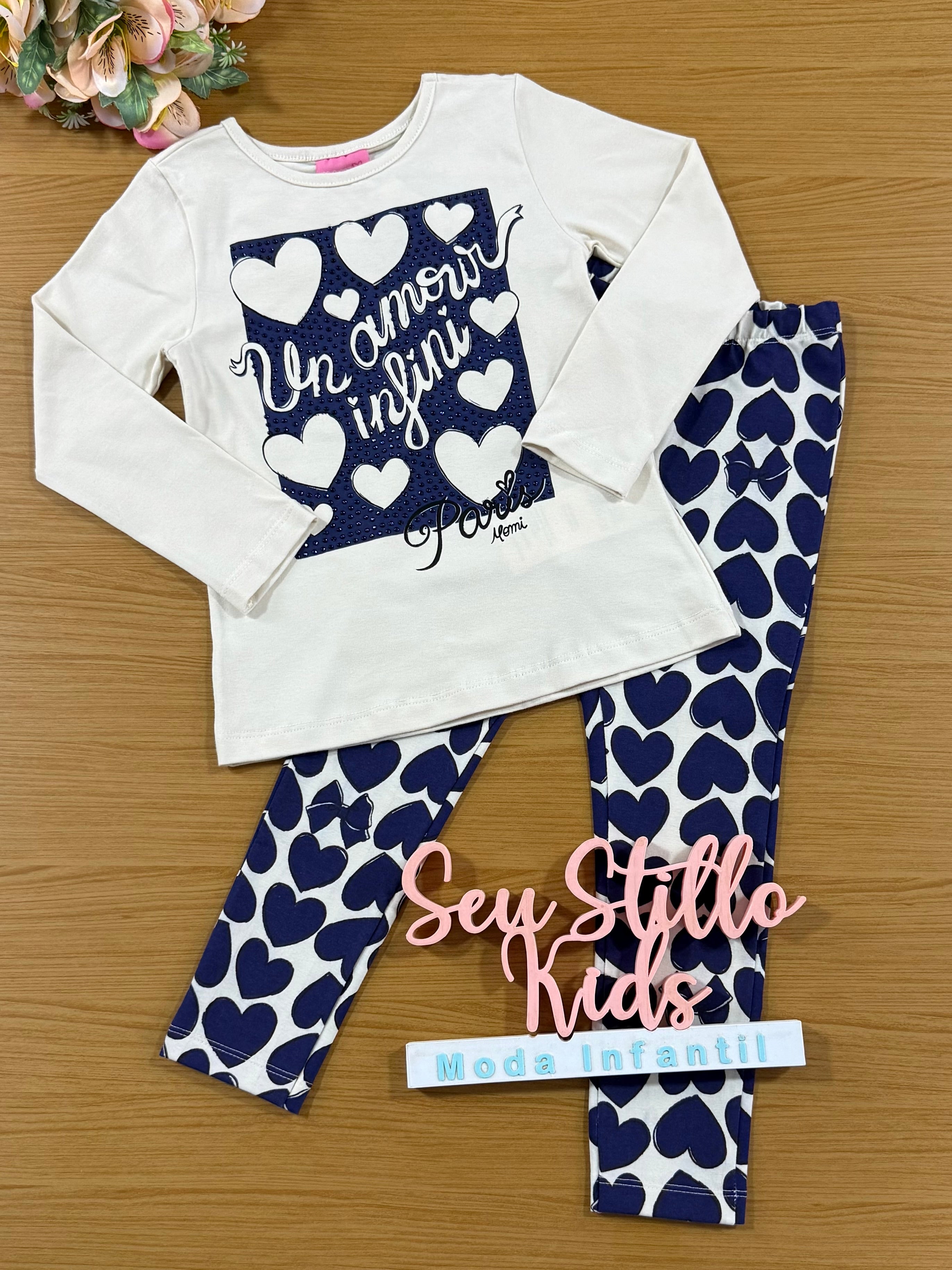 Conjunto Infantil Momi Inverno com Calça e Blusa Bege Corações
