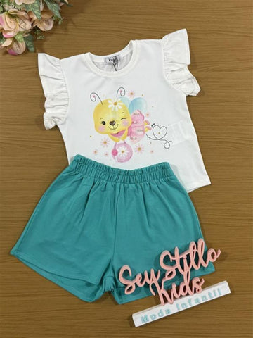 Conjunto Infantil Kukiê com Shorts Verde Agua e Blusa Manga Curta Abelhinha