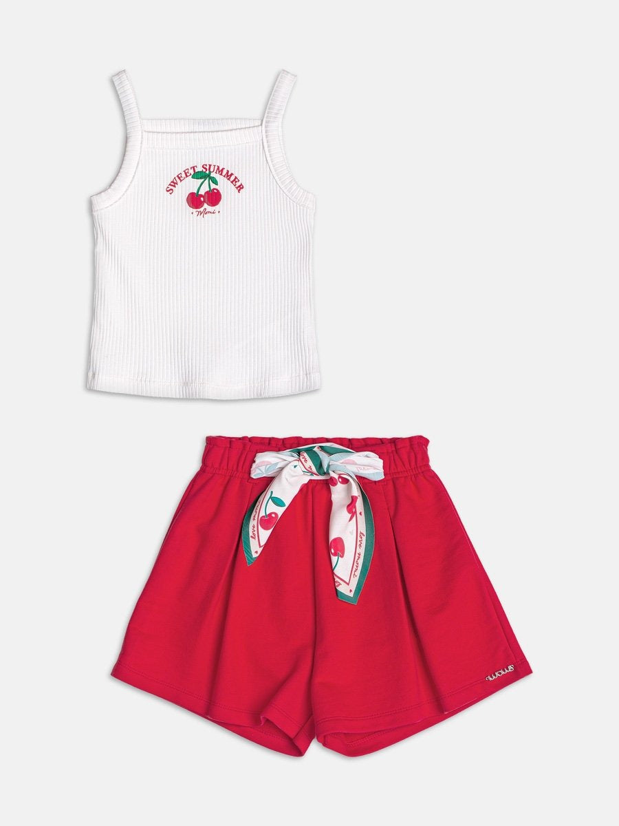 Conjunto Infantil Momi Verão com Shorts Vermelho Lacinho e Regata Branca Cerejinha