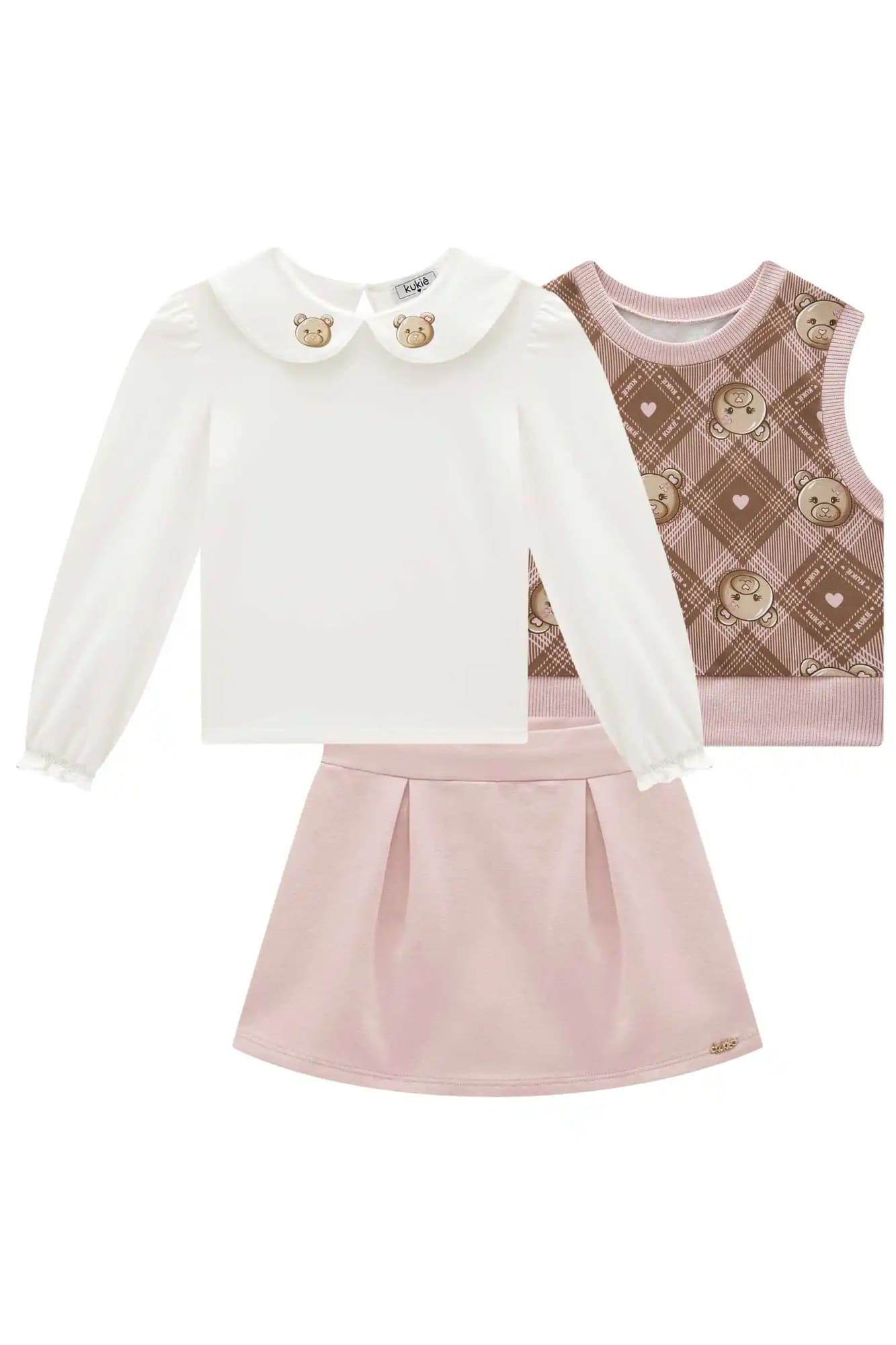 Conjunto Infantil Kukiê Inverno com Shorts Saia Rosa e Blusa com Colete Ursinhos