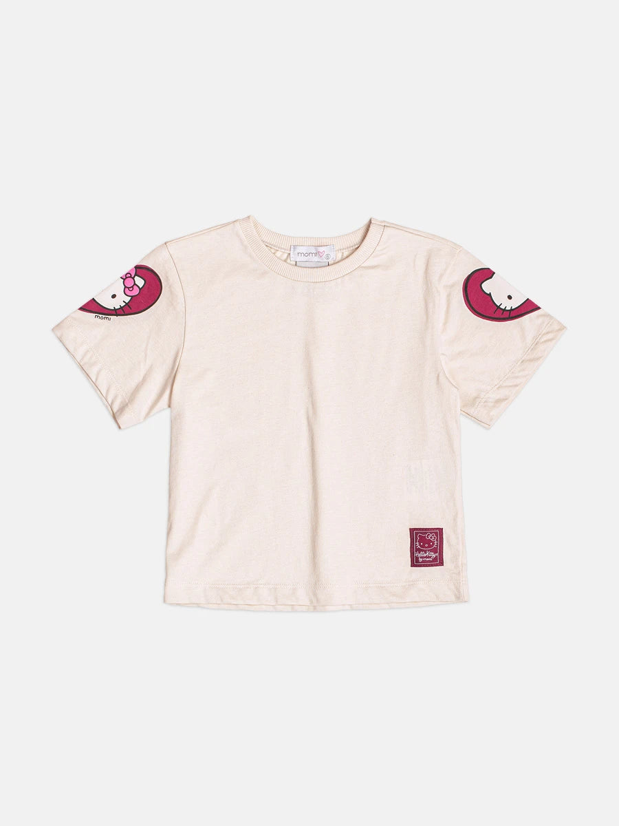 Blusa Infantil Momi Inverno Manga Curta Bege Hello Kitty Coração