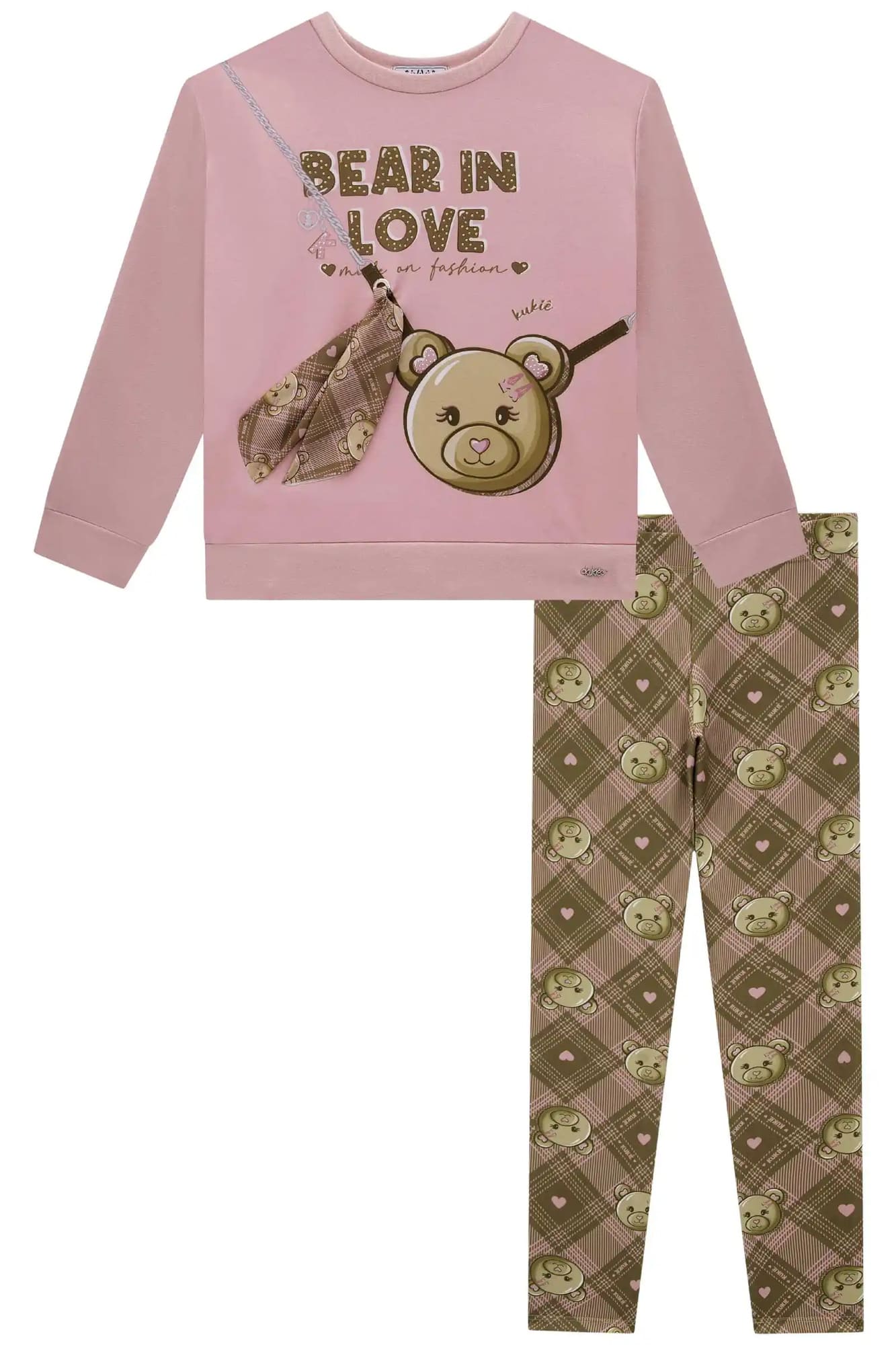 Conjunto Infantil Kukiê Inverno com Calça Legging e Blusa Manga Longa Rosa Ursinha Laço