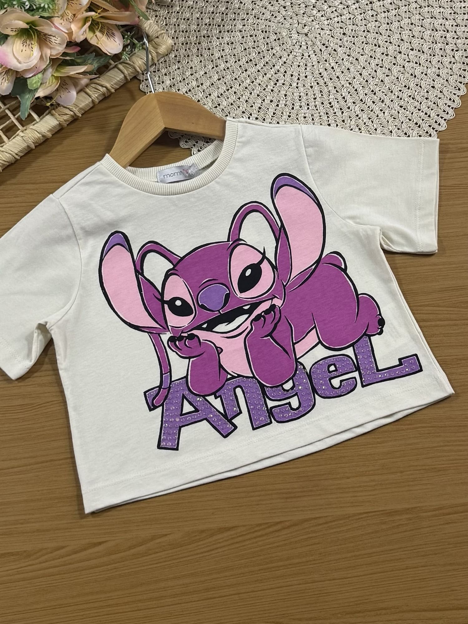 Conjunto Infantil Momi com Saia Roxa e Blusa Bege Angel com Strass Disney