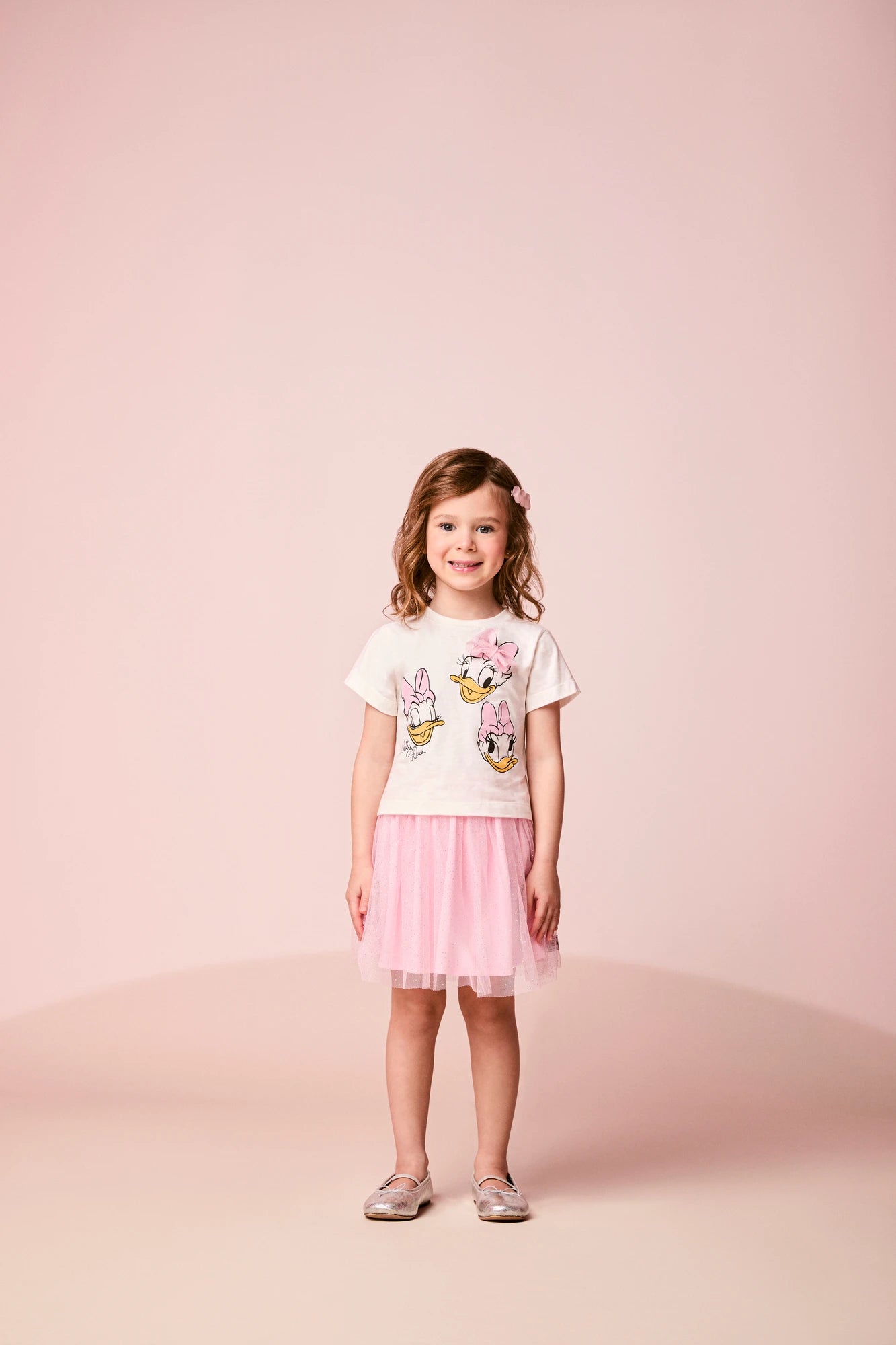 Conjunto Infantil Momi Inverno com Saia em Tule Rosa e Blusa Manga Curta Daisy Duck Disney