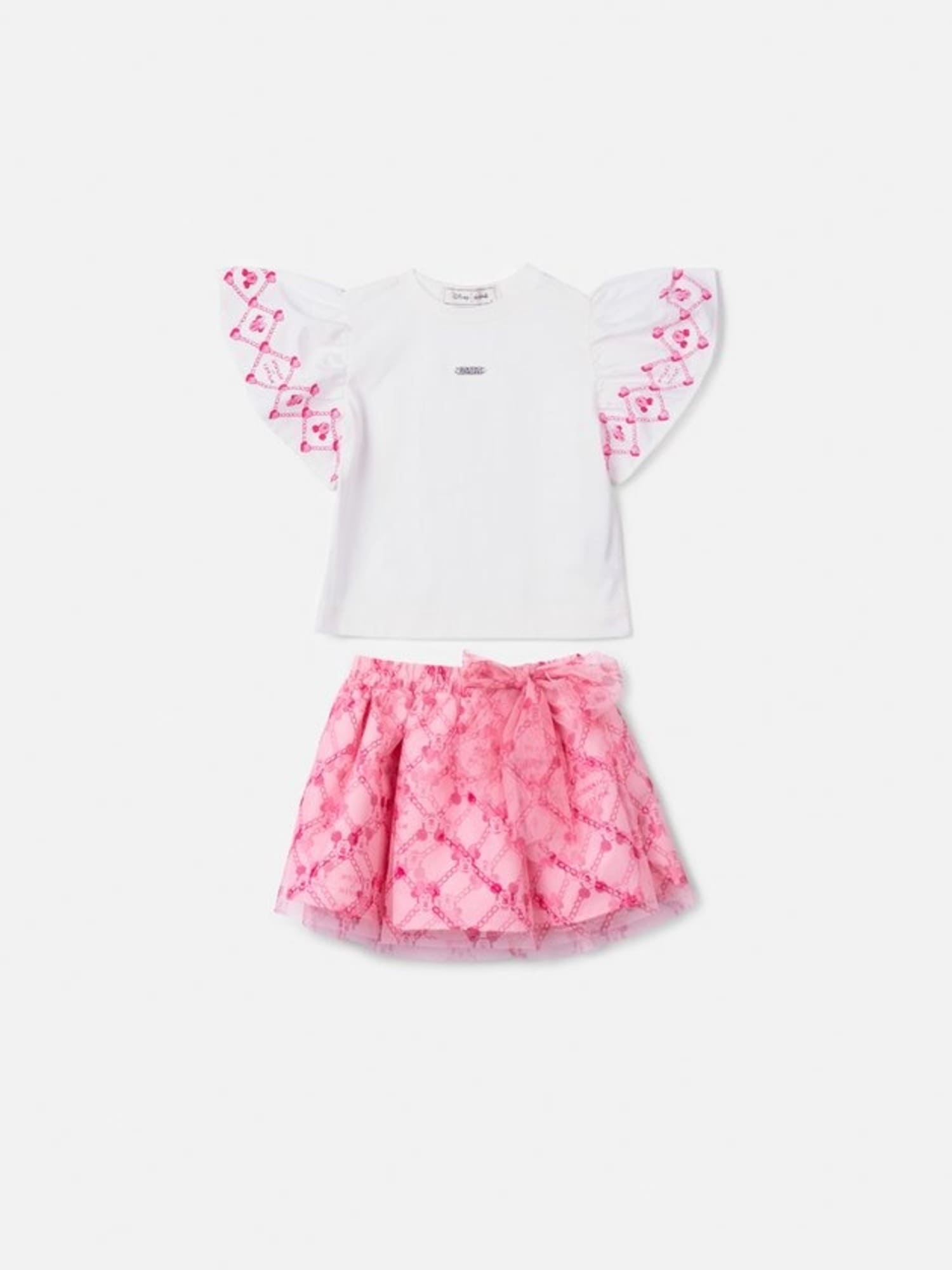 Conjunto Infantil Animê Verão com Saia Rosa em Tule e Blusa Branca Minnie Corações Disney