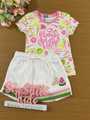 Conjunto Infantil Kukie Verão Shorts Saia e Blusa Melancia