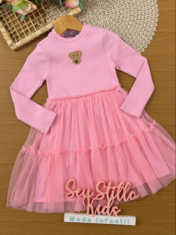 Vestido Infantil Bimbi Inverno com Tule Rosa Cachorrinha