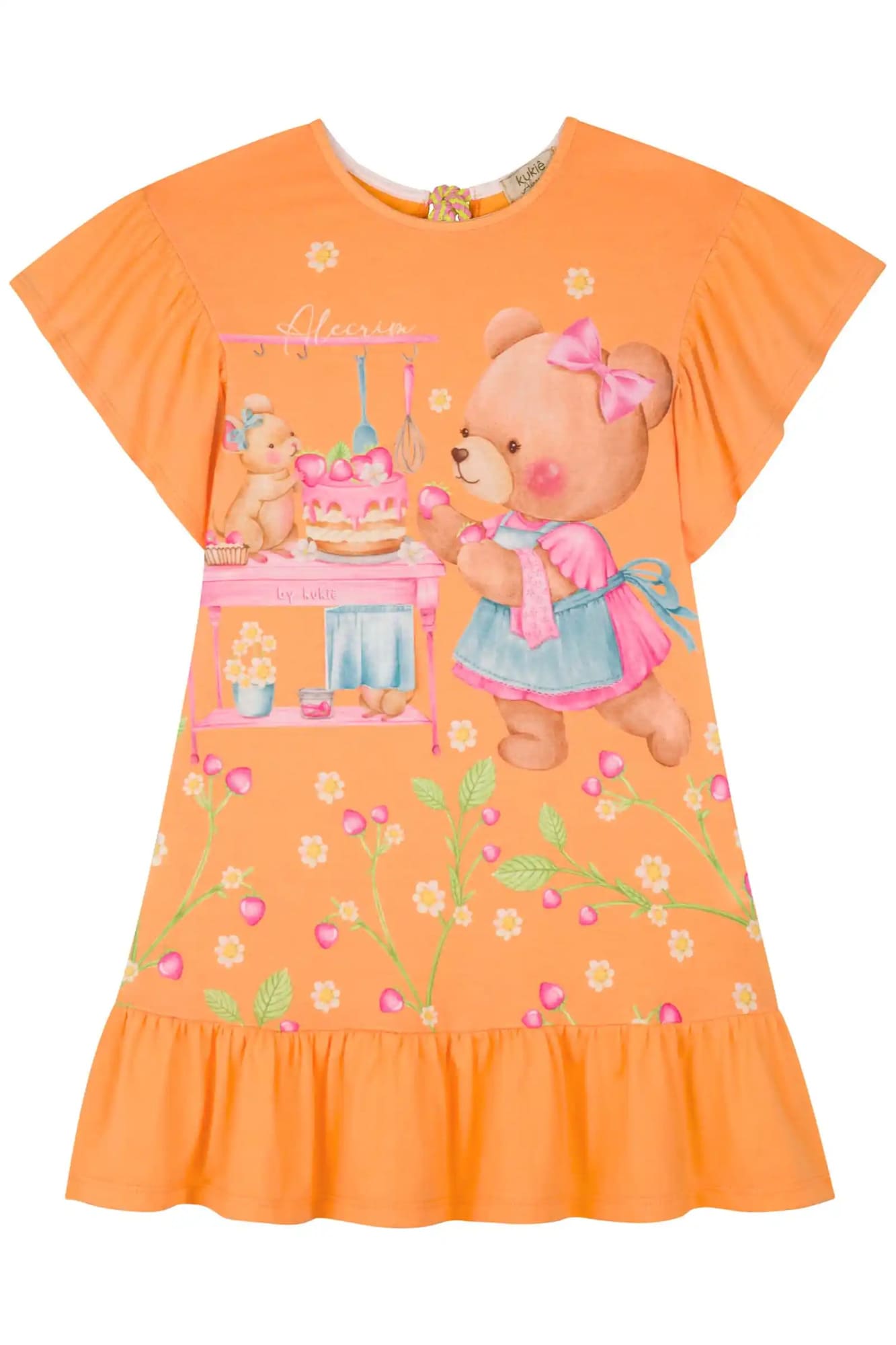 Vestido Infantil Kukiê Verão Laranja Ursinha Confeiteira