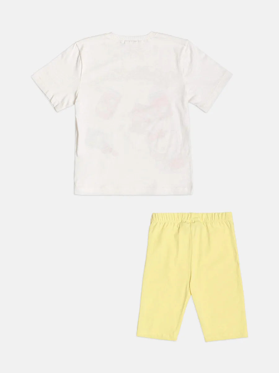 Conjunto Infantil Menina Momi Shorts Ciclista Amarelo e Blusa Hello Kitty Docinhos Strass