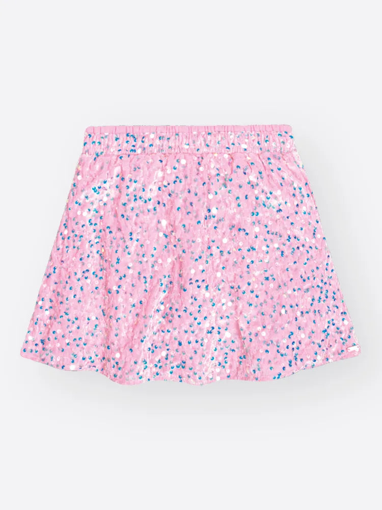 Conjunto Infantil Cinti Inverno Com Saia Rosa Paetê e Blusa Branca Menina Aventureira.