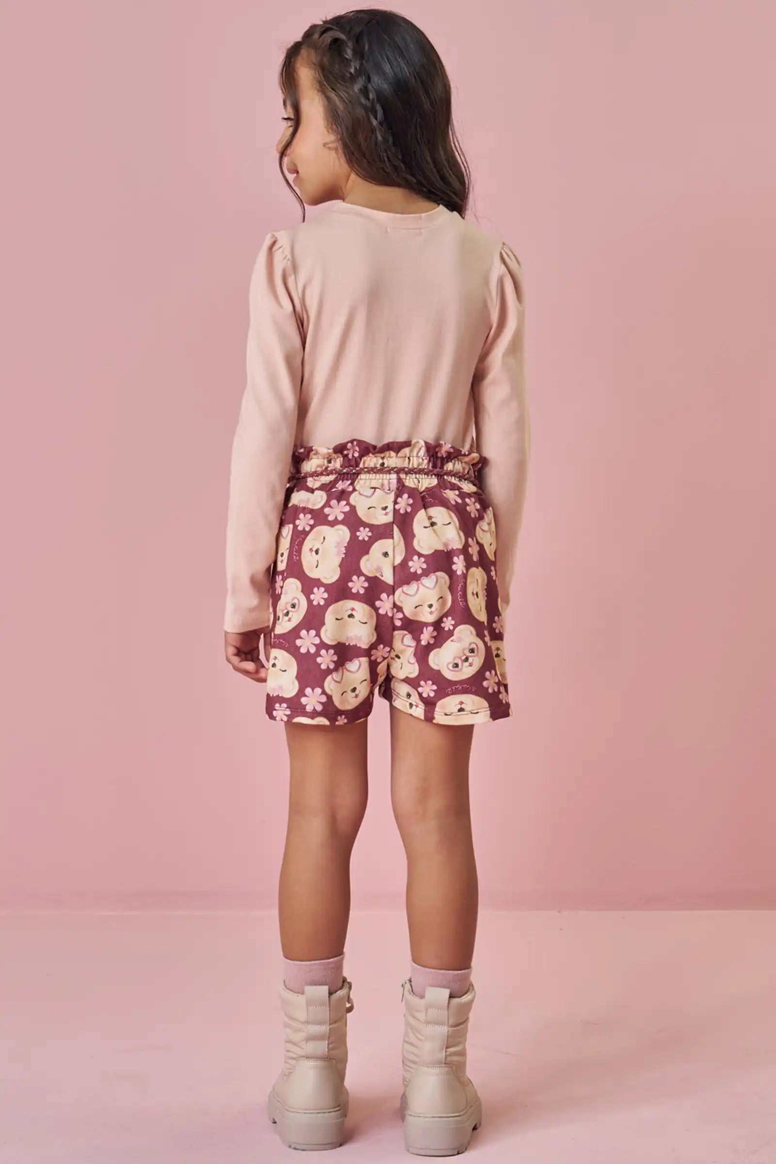 Conjunto Infantil Kukiê Inverno com Shorts Marrom e Blusa Manga Longa Hello Love