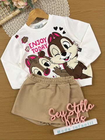 Conjunto Infantil Bimbi Inverno com Shorts Saia e Moletom sem Flanela Branco Tico e Teco Disney