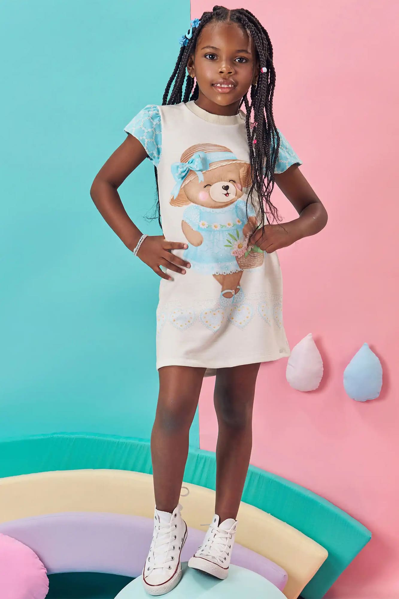 Vestido Infantil Kukiê Verão Bege Ursinha Lacinho 3D