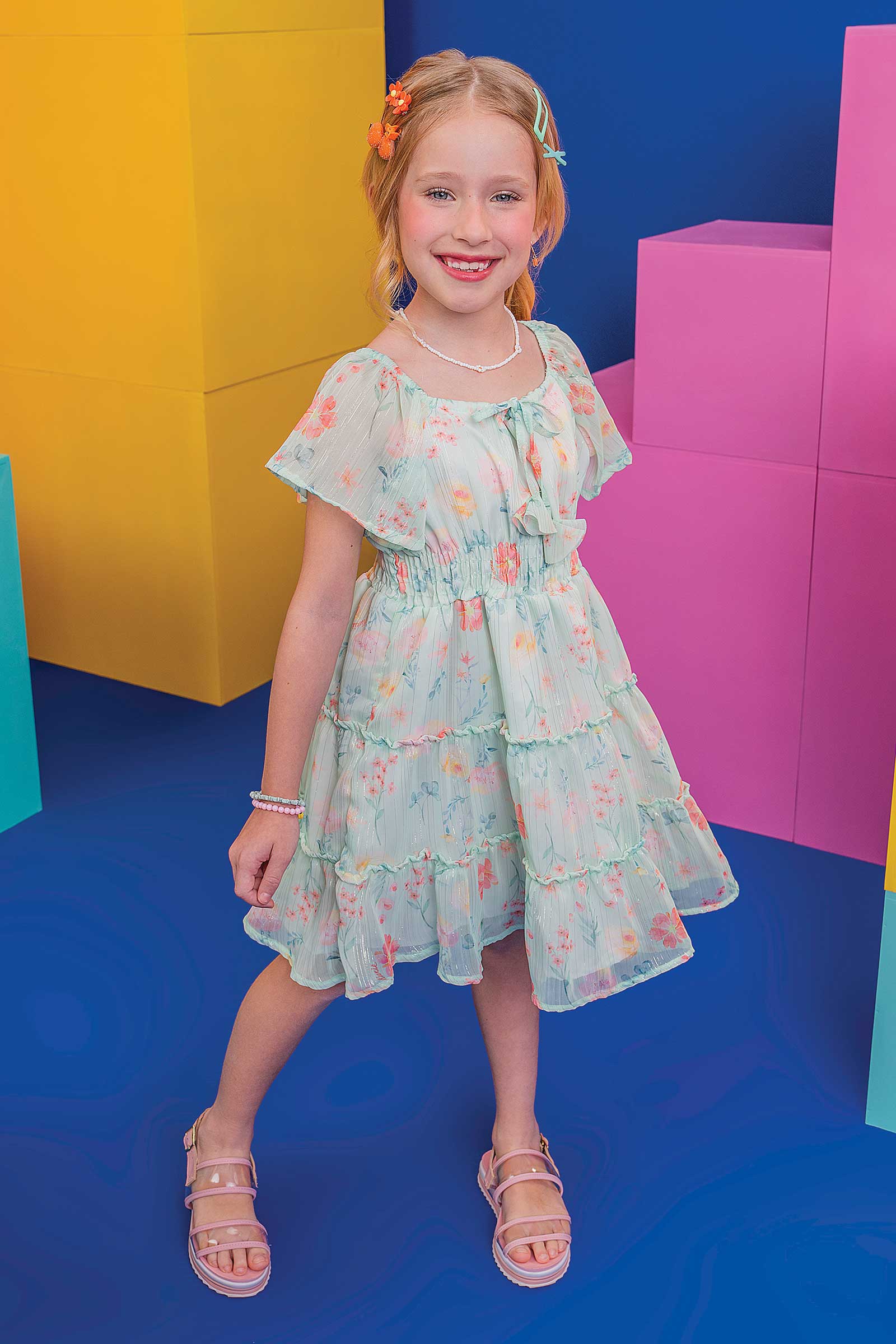 Vestido Infantil Kukie Verão Chiffon Verde Floral