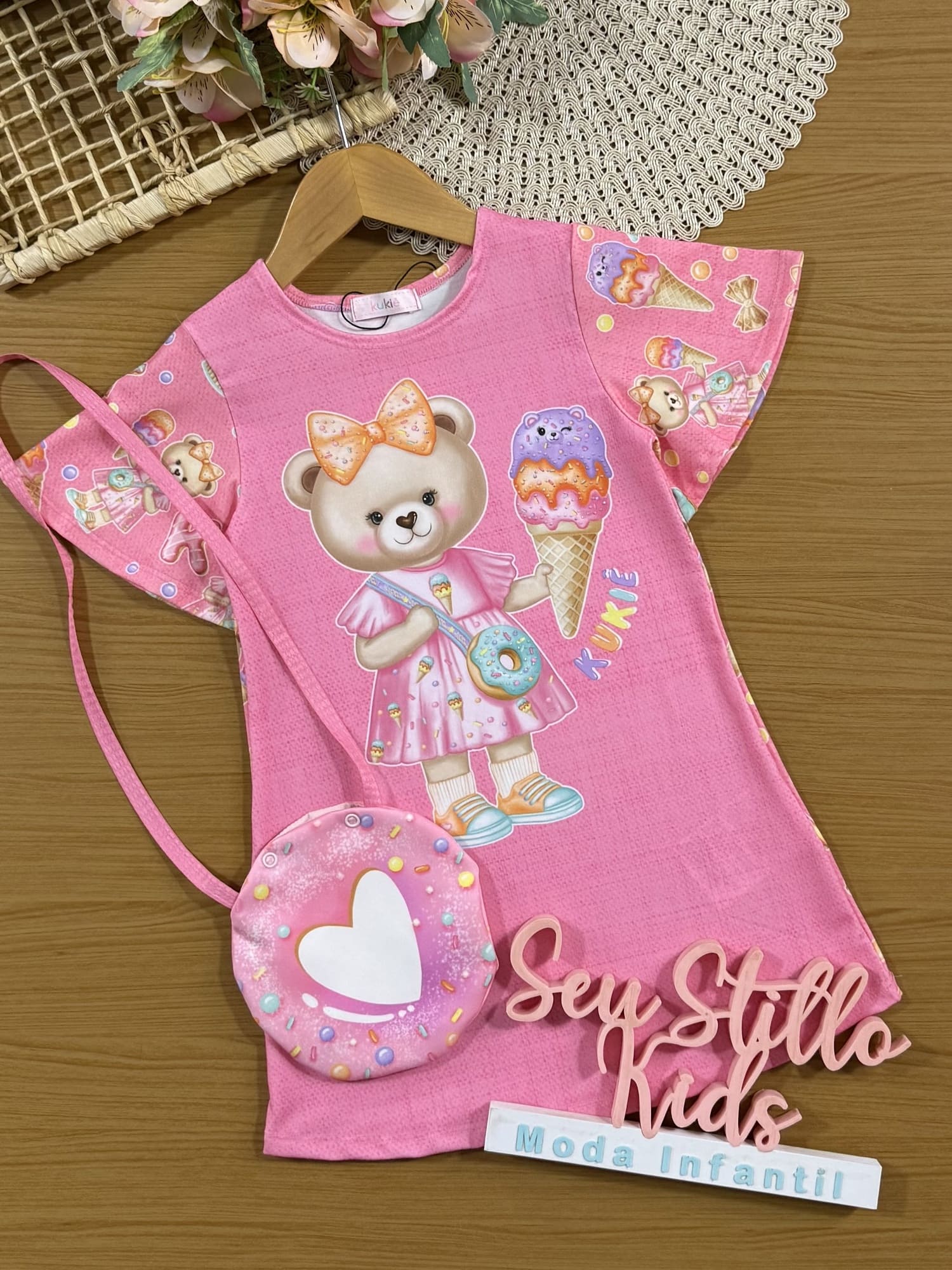 Vestido Infantil Kukiê Rosa Ursinha com Bolsinha