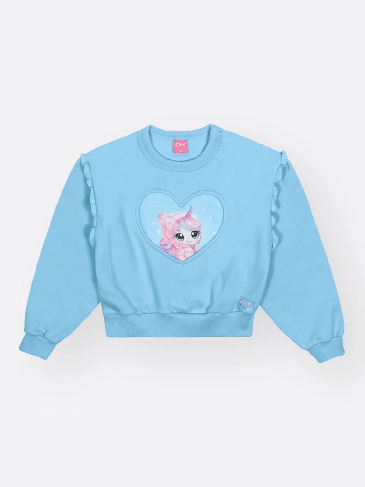 Conjunto Infantil Cinti Inverno com Calça e Moletom Flanelado Azul Unicórnio Coração