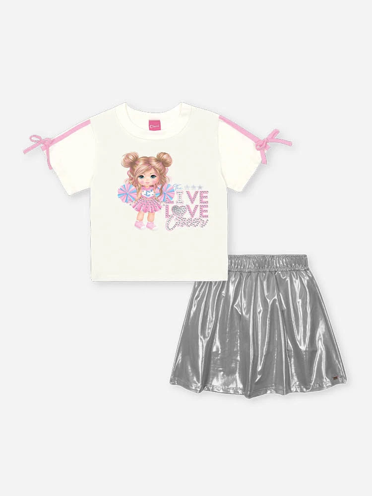 Conjunto Infantil Cinti Verão com Saia Cinza Holografico e Blusa Lider de Torcida Love
