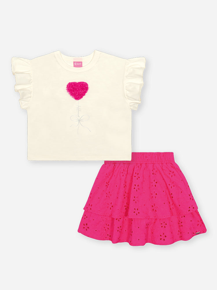 Conjunto Infantil Cinti Verão com Saia Rosa e Blusa Branca Coração Bordado