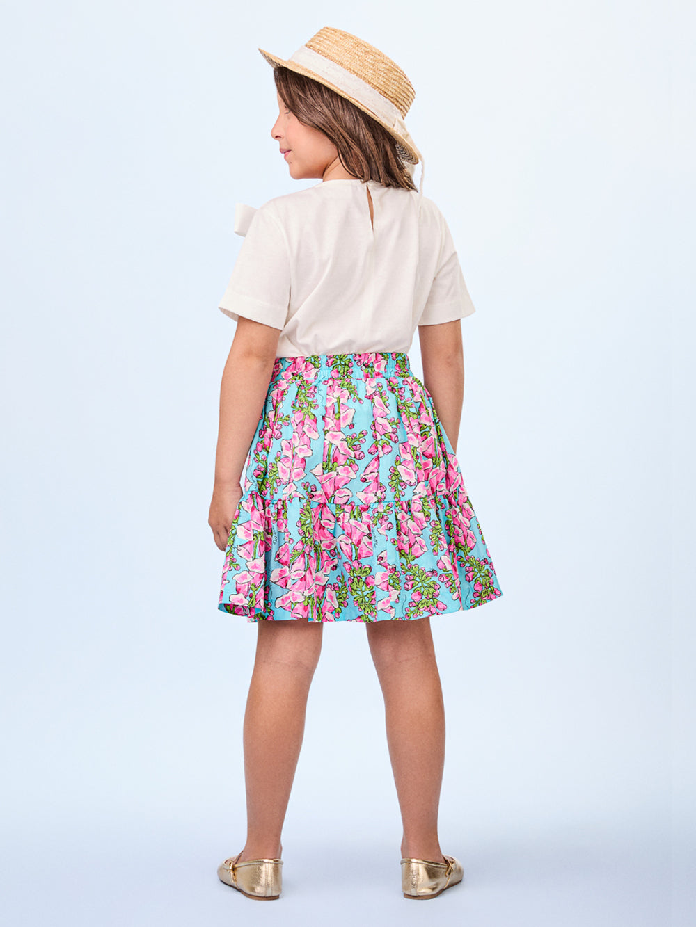 Conjunto Infantil Animê Verão Saia Azul Floral e Blusa Branca Lacinho