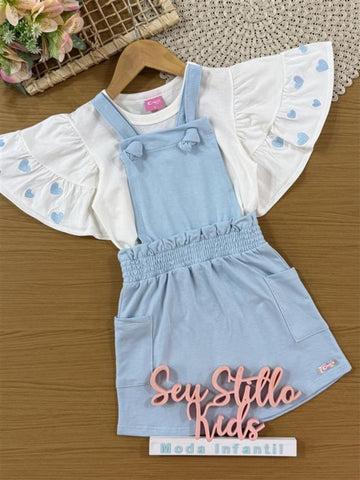 Salopete Infantil Cinti Verão Azul com Blusa Branca Corações