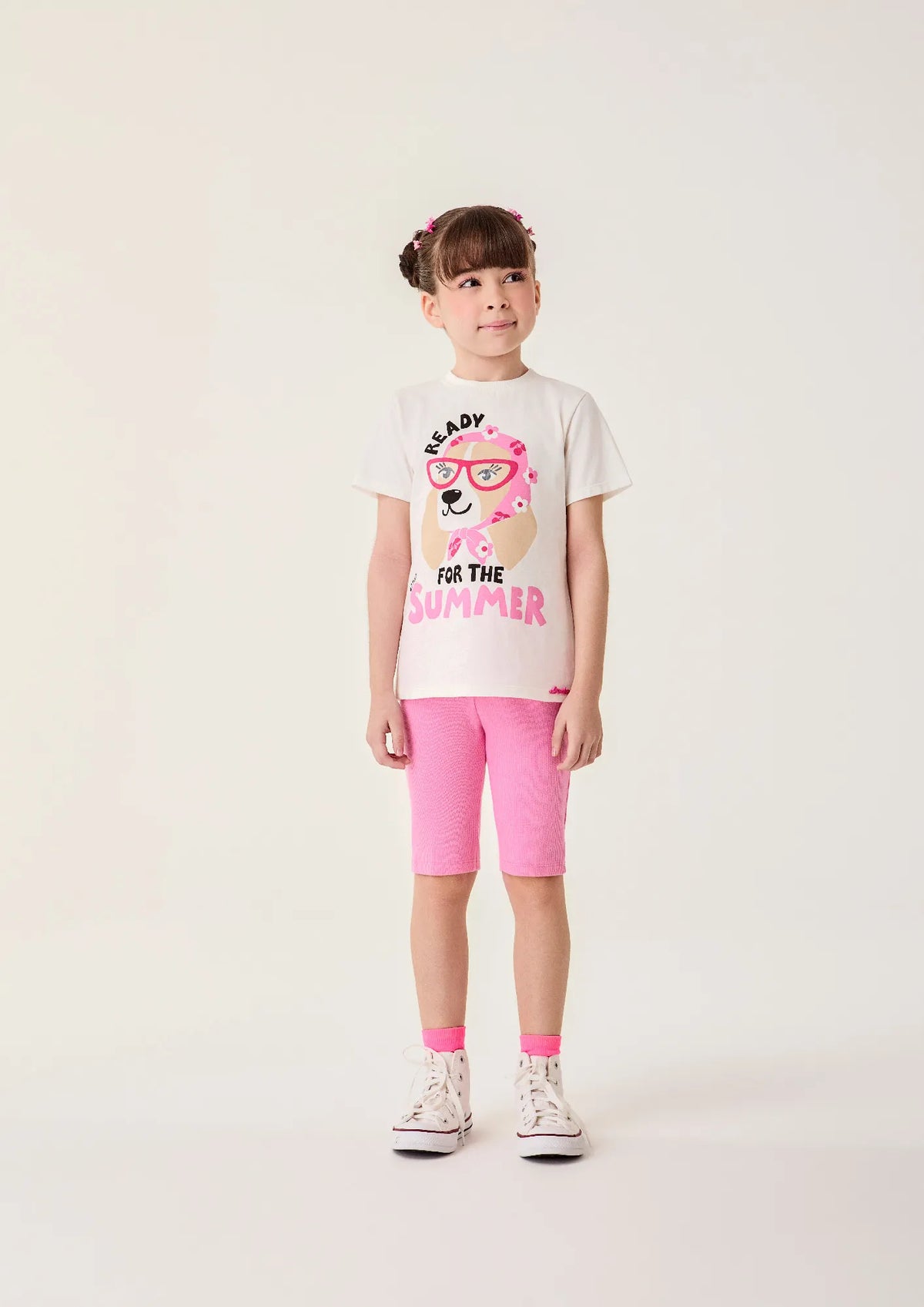 Conjunto Infantil Menina Bimbi Shorts Ciclista Rosa e Blusa Cachorrinha