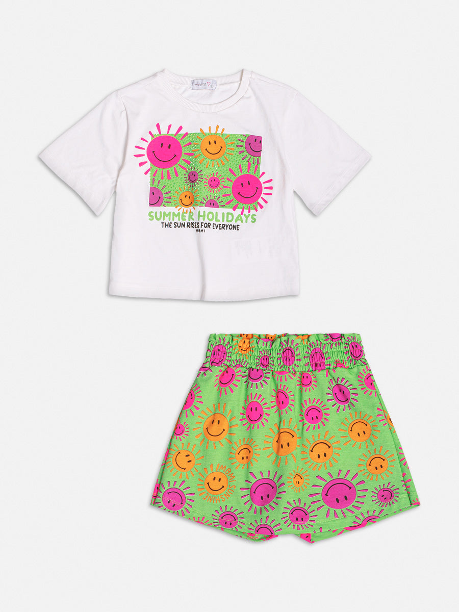 Conjunto Infantil Momi Verão Shorts Saia Verde e Blusa Sol com Strass