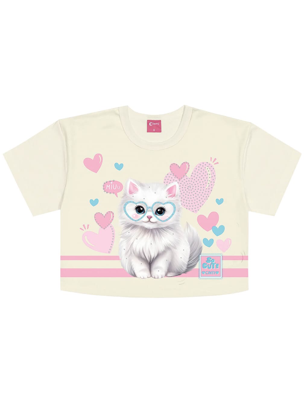 Conjunto Infantil Cinti Verão Shorts Saia Rosa e Blusa Gatinha