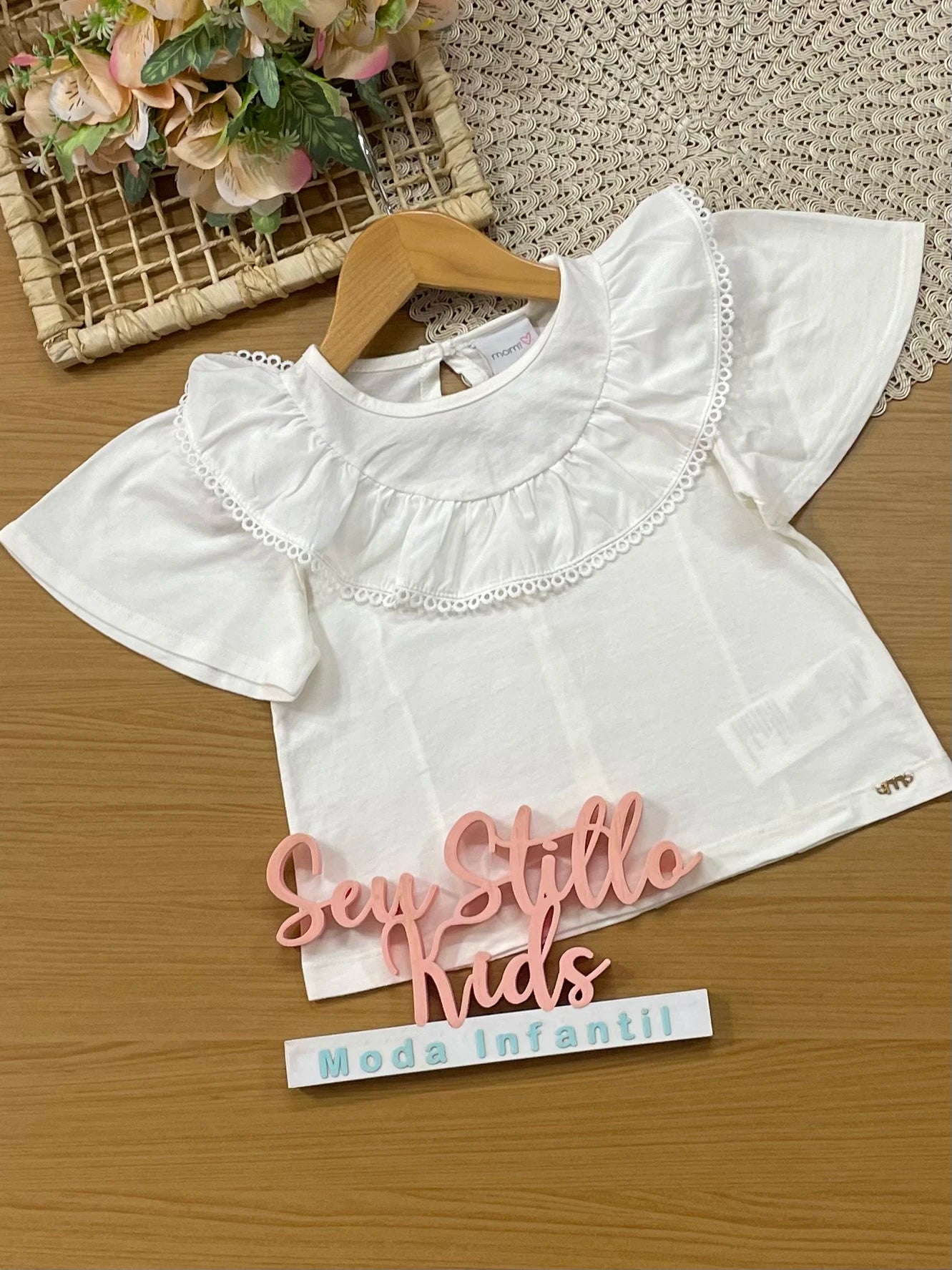 Blusa Infantil Momi Inverno Braca com Babado e Renda