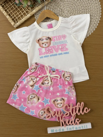 Conjunto Infantil Cinti Inverno Com Shorts Saia e Blusa Manga Curta Ursinha Love