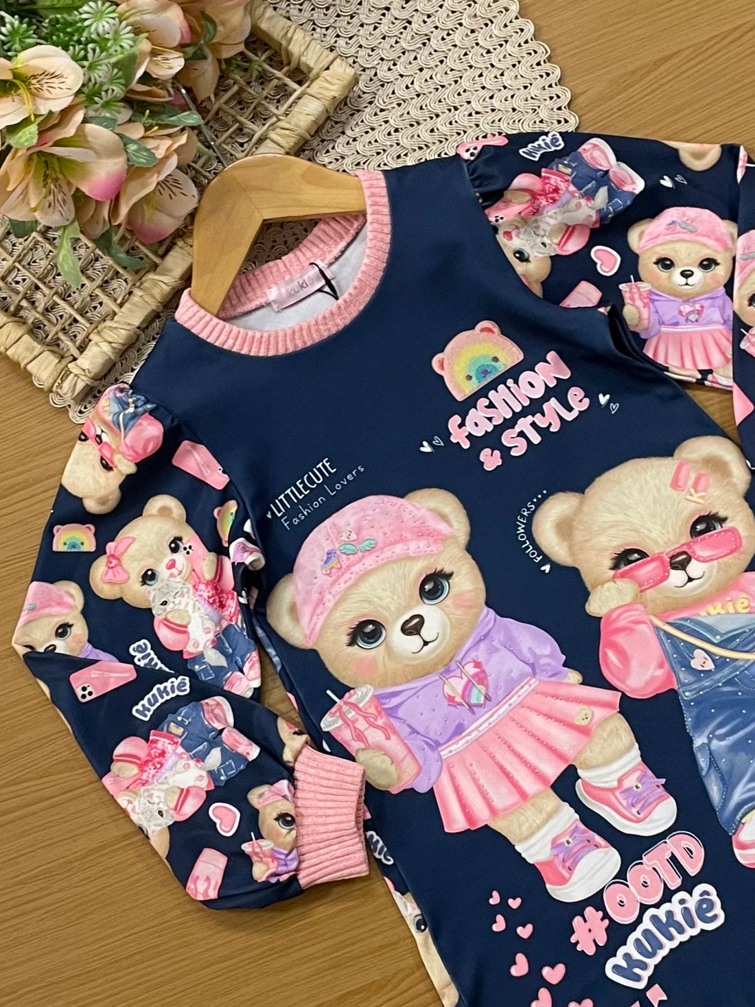 Vestido Infantil Kukiê Inverno Azul Marinho Ursinhas Fashion e Style