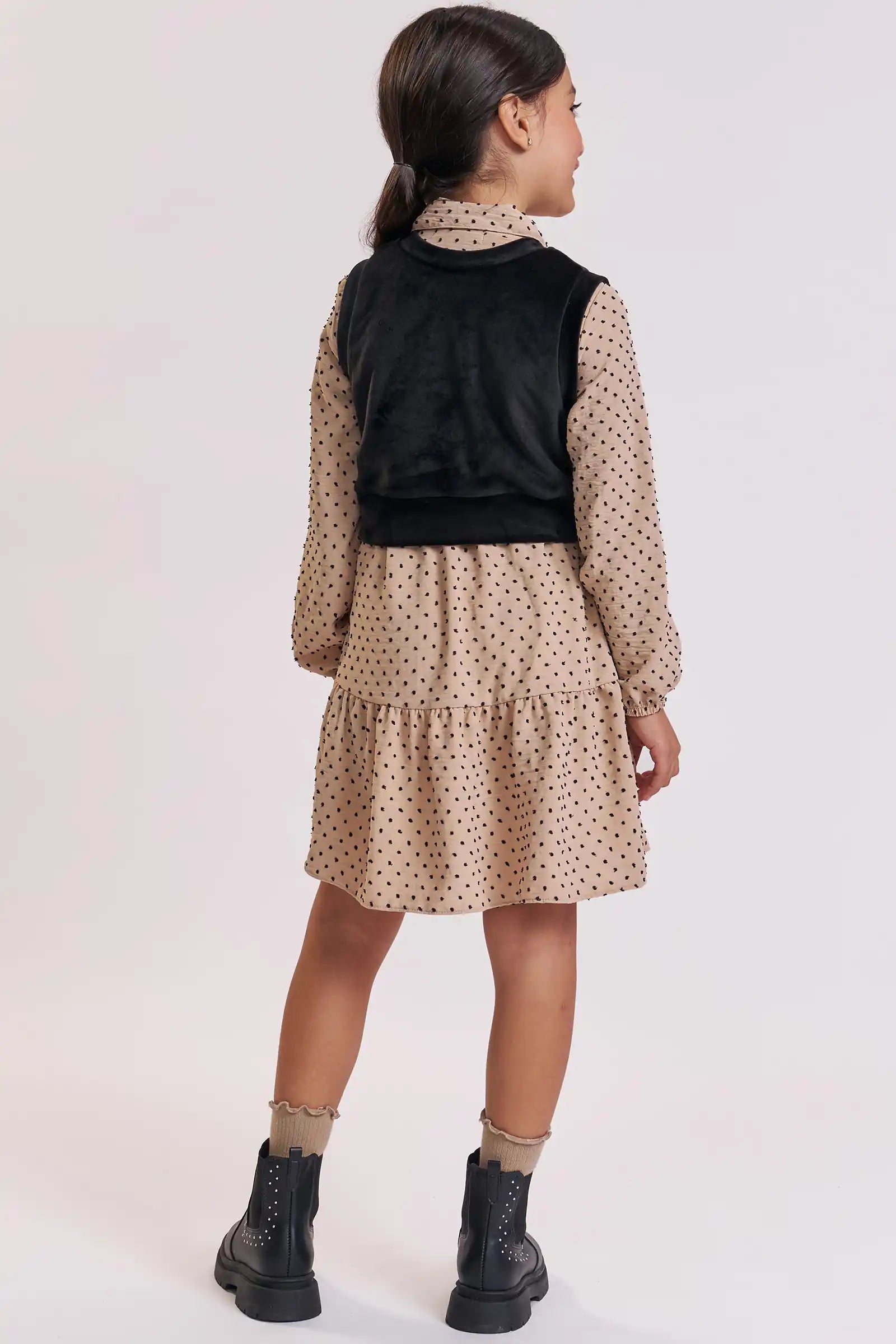 Vestido Infantil Kukiê Inverno Bege com Colete Preto