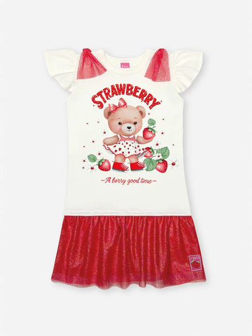Vestido Infantil Cinti Verão Branco Ursinha Strawberry