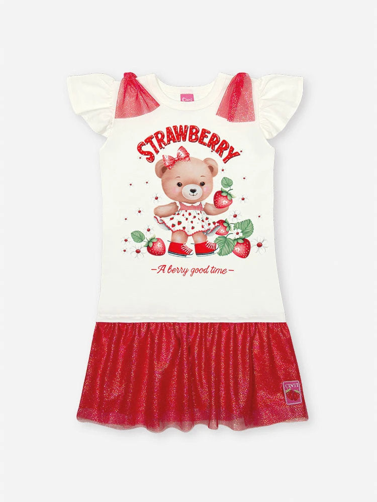 Vestido Infantil Cinti Verão Branco Ursinha Strawberry