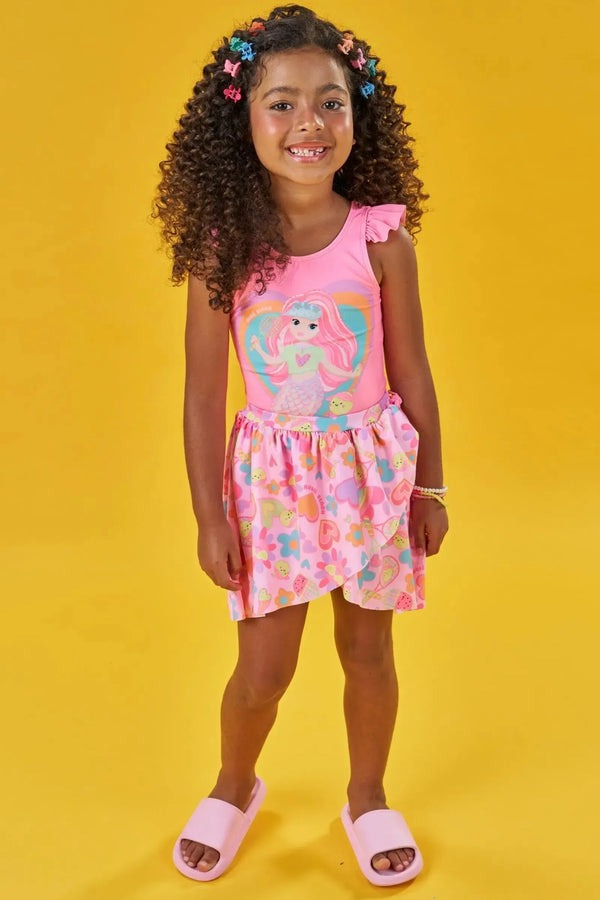 Maiô Infantil Kukiê Verão Rosa Sereia Tênista com Saida de Praia Estampada