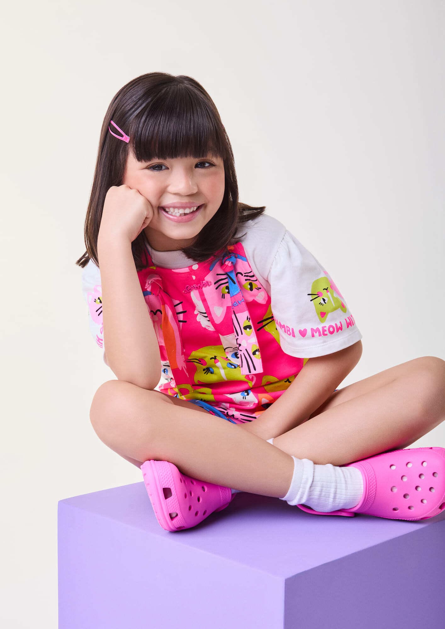 Jardineira Infantil Bimbi Verão Rosa Gatinhas