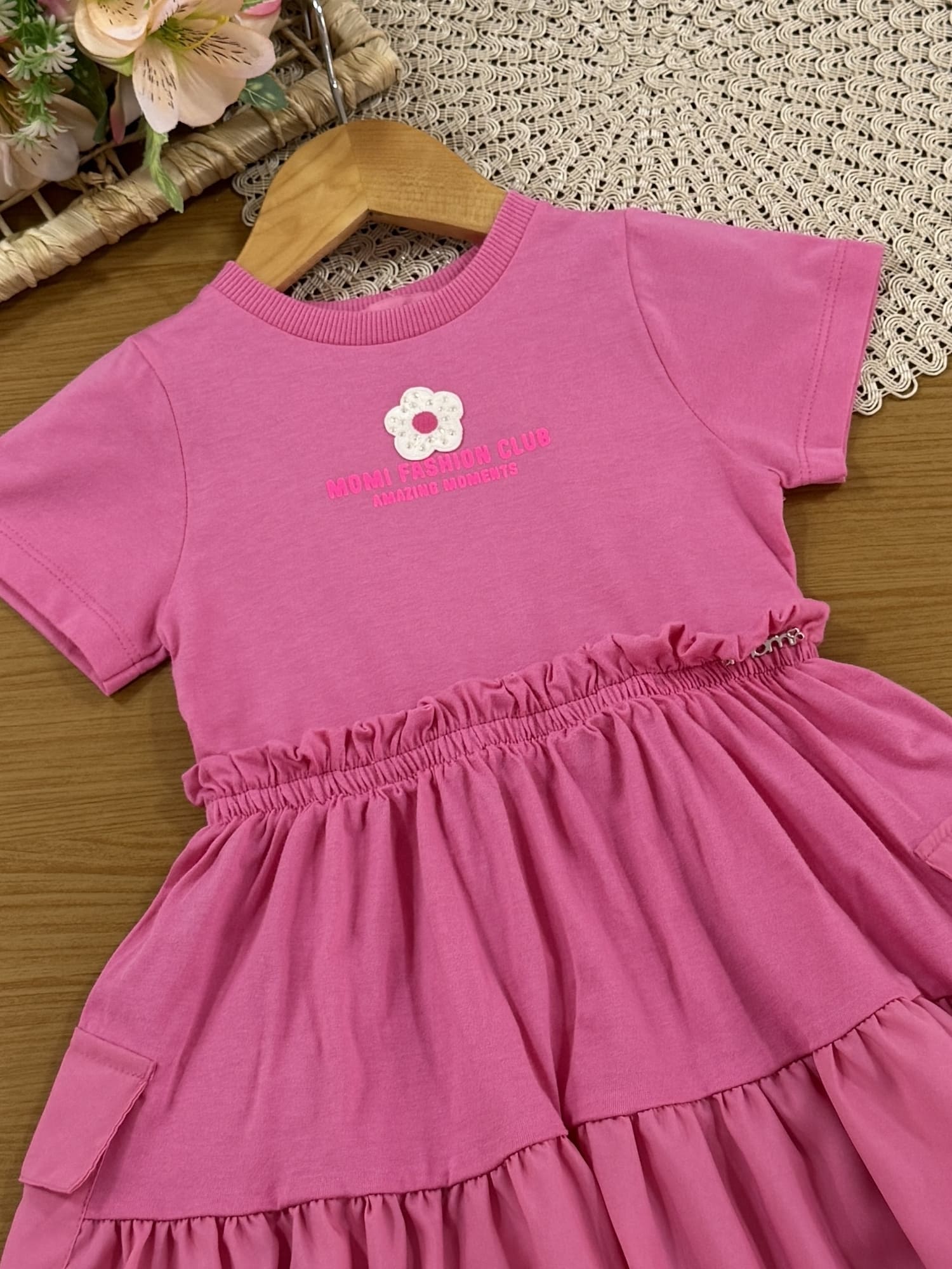 Vestido Infantil Momi Verão Rosa Florzinha com Strass