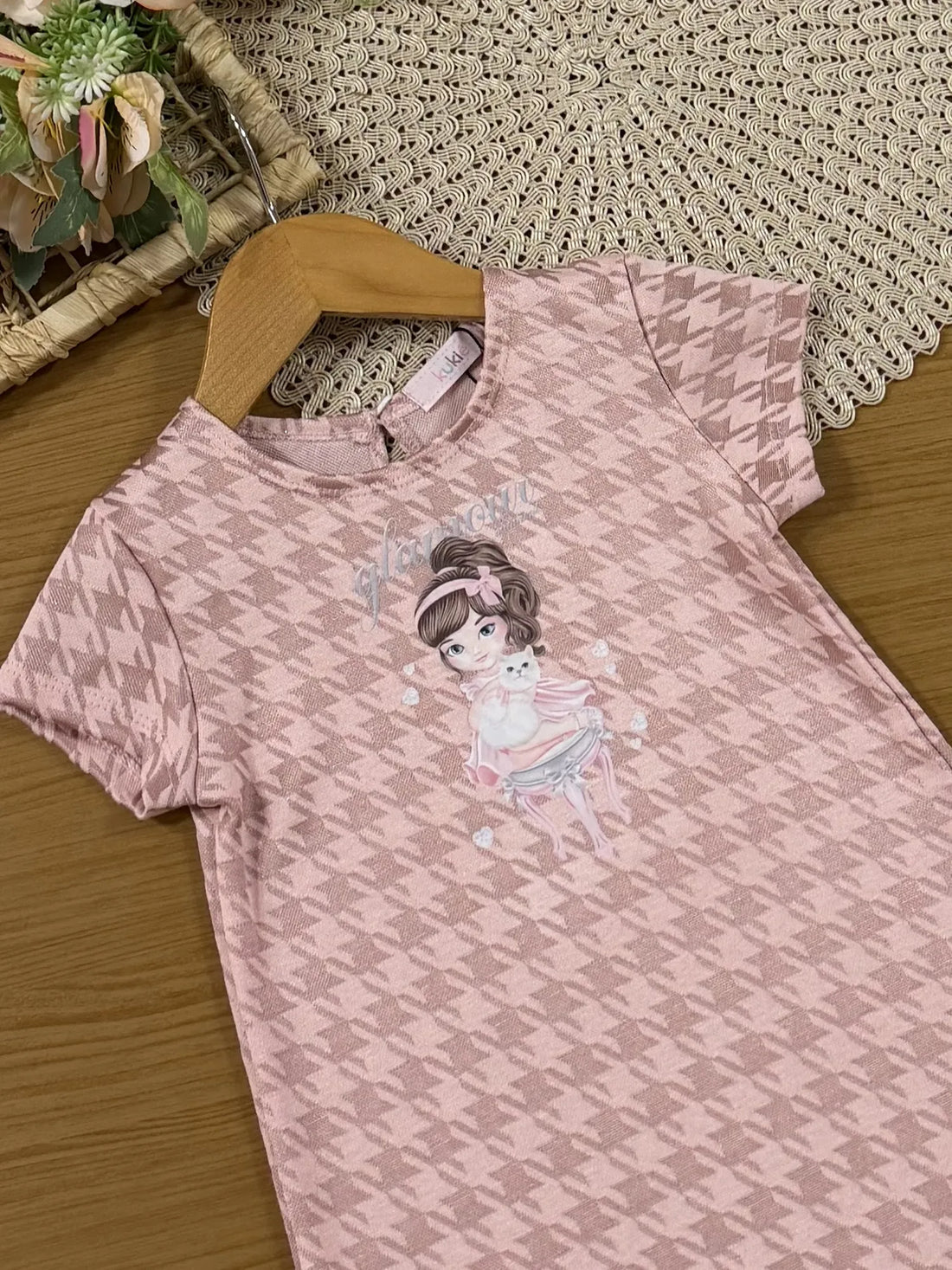 Vestido Infantil Kukie Pied-de-Poule Rosa
