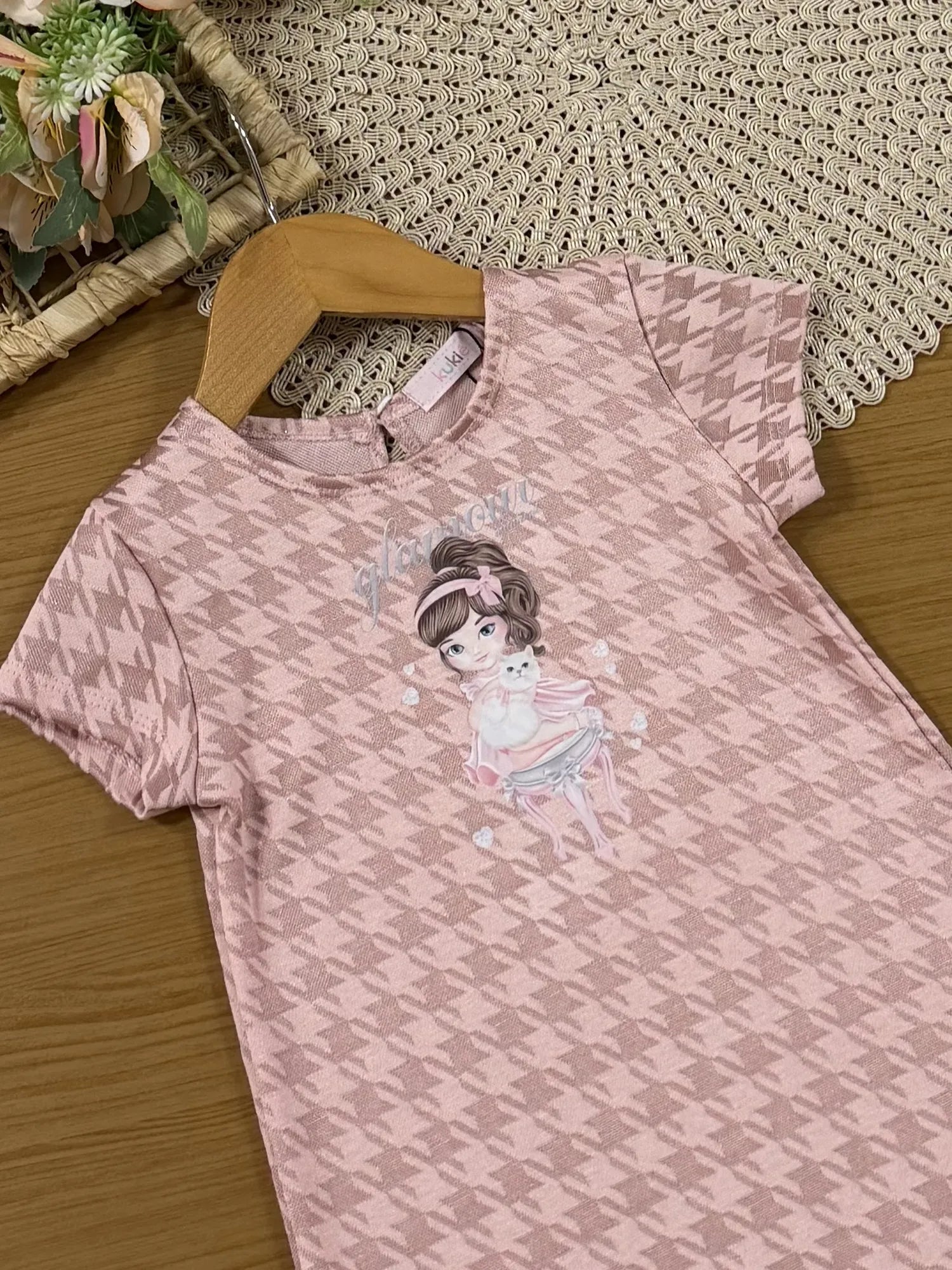 Vestido Infantil Kukie Pied-de-Poule Rosa