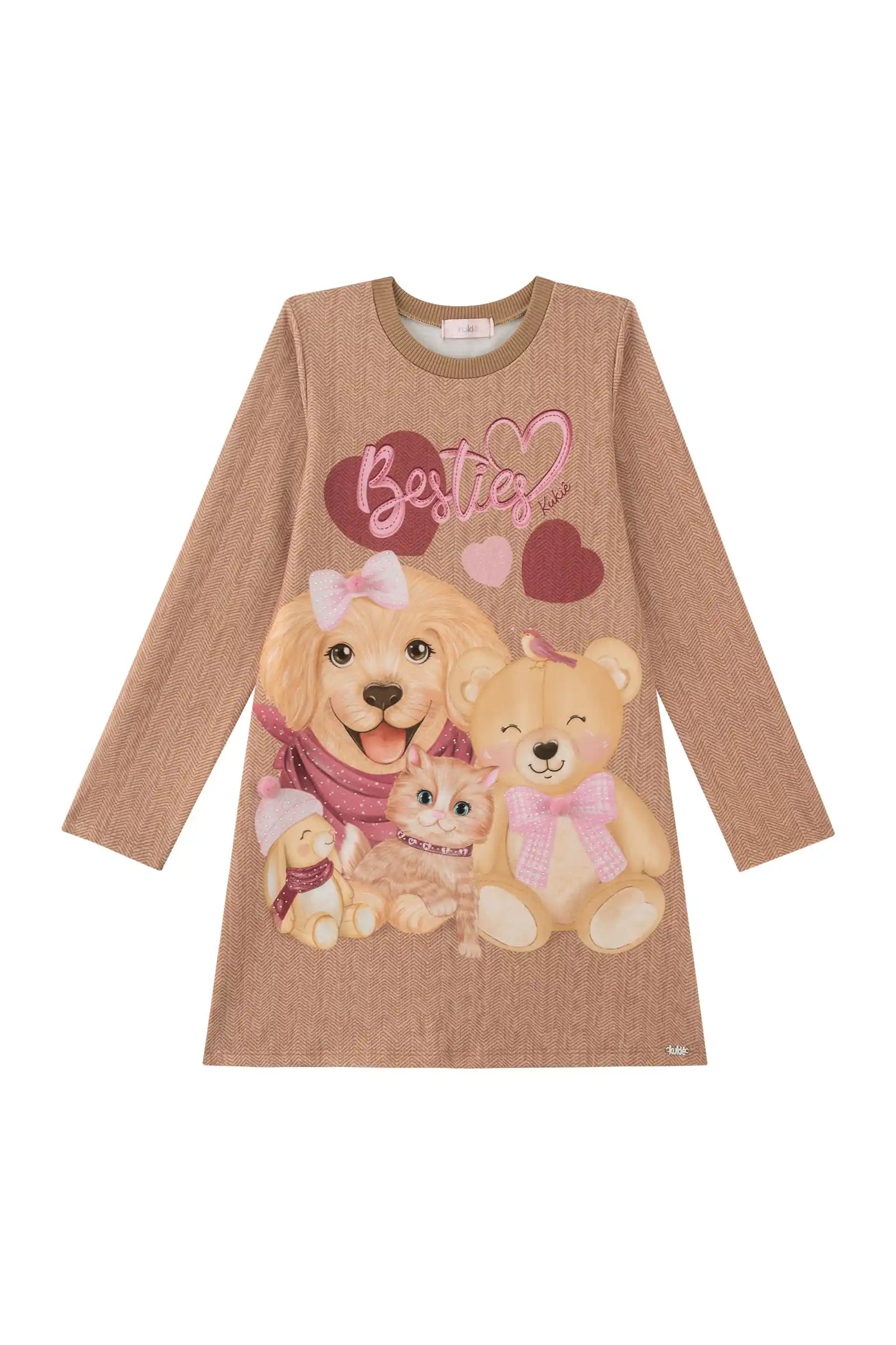 Vestido Infantil Kukiê Inverno Bege Animais Melhores Amigos