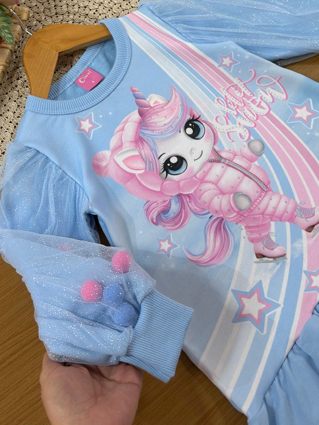 Vestido Infantil Cinti Inverno sem Flanela com Tule Azul Unicórnio Snow