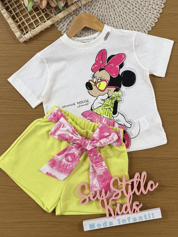 Conjunto Infantil Animê Verão Shorts Verde com Laço e Blusa Branca Minnie Mouse Disney