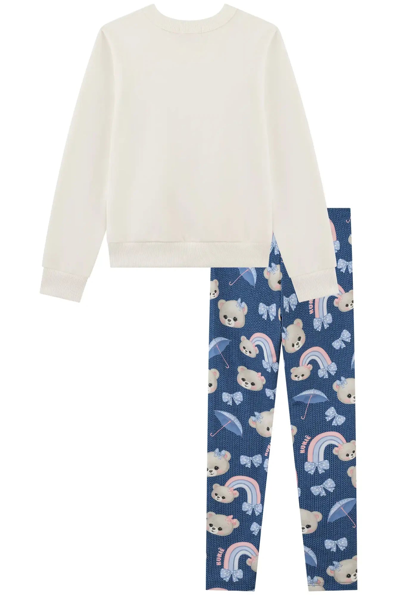 Conjunto Infantil Kukiê Inverno com Calça Legging Azul e Moletom Flanelado Ursinhas Pom Pom