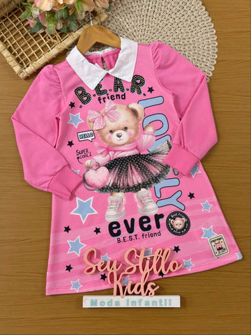 Vestido Infantil Cinti Inverno Rosa Ursinha Lovely