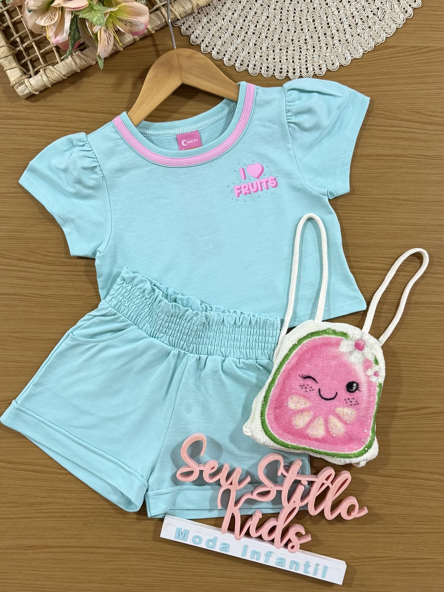 Conjunto Infantil Cinti Verão com Shorts e Blusa Azul Fruits com Bolsinha