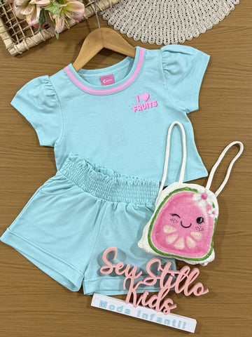 Conjunto Infantil Cinti Verão com Shorts e Blusa Azul Fruits com Bolsinha